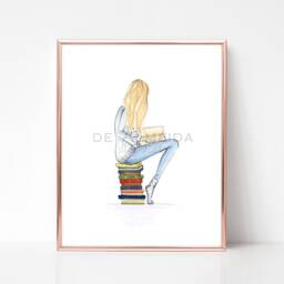 Fashion Illustration Book Art Print Hair Options Available Just A Girl & Her Books Long Hair, Sitting On Worm, Bookworm - thumbnail 2