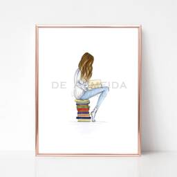 Fashion Illustration Book Art Print Hair Options Available Just A Girl & Her Books Long Hair, Sitting On Worm, Bookworm - thumbnail 3