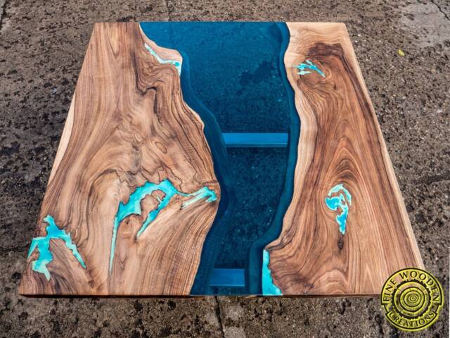 Square Live Edge River Glass Coffee Table With Glowing Resin Fillin - Bushed Legs - image 1
