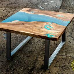 Square Live Edge River Glass Coffee Table With Glowing Resin Fillin - Bushed Legs - thumbnail 3