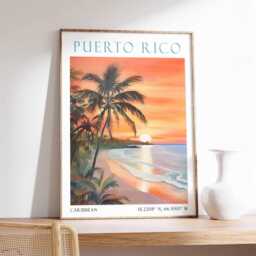 Puerto Rico Sunset Beach Poster, Tropical Island Wall Art, Caribbean Print, Landscape Decor, Travel Art - thumbnail 1