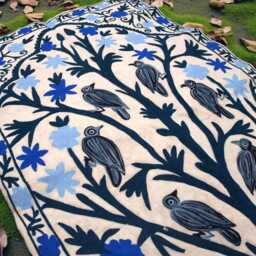 Bird & Floral Wool Tapestry Rug Hand Embroidered Chain Stitch - thumbnail 4