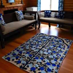 Bird & Floral Wool Tapestry Rug Hand Embroidered Chain Stitch - thumbnail 2