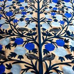 Bird & Floral Wool Tapestry Rug Hand Embroidered Chain Stitch - thumbnail 3