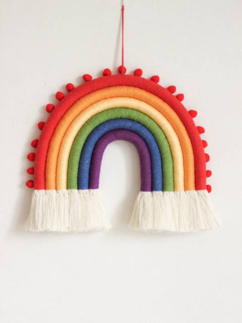 Macrame Rainbow Wall Hanging With Pompoms, Full Spectrum Fiber Nursery Decor - image 1