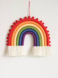Macrame Rainbow Wall Hanging With Pompoms, Full Spectrum Fiber Nursery Decor