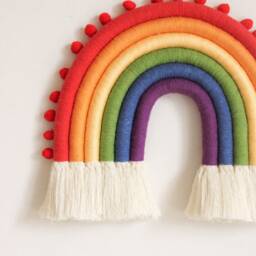 Macrame Rainbow Wall Hanging With Pompoms, Full Spectrum Fiber Nursery Decor - thumbnail 2