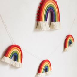 Macrame Rainbow Wall Hanging With Pompoms, Full Spectrum Fiber Nursery Decor - thumbnail 4
