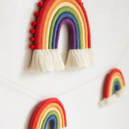 Macrame Rainbow Wall Hanging With Pompoms, Full Spectrum Fiber Nursery Decor - thumbnail 3