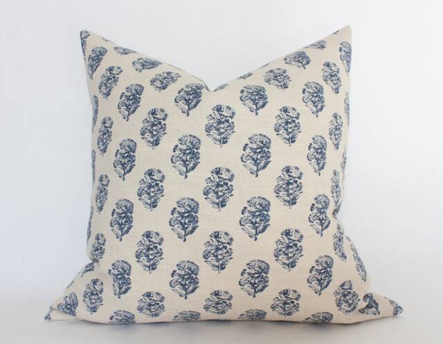 Discontinued ~ Navy Blue Floral Pillow, Indigo Print Cream Throw Pillows, Designer Pillow Cover For Sofa -- Owen - image 1