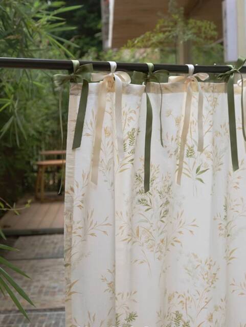 Floral Cotton Noren Door Curtain With Silky Ribbons Ties, Long Noren, Room Dividers Doorway Curtain, 1Pc - image 1