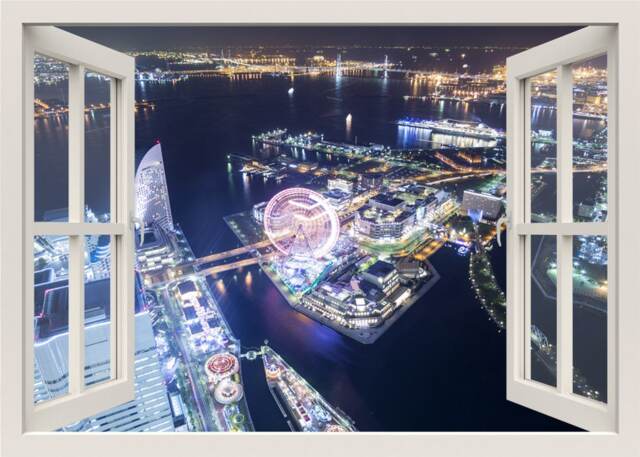 Japan Wall Decal, Yokohoma At Night Modern City Decal Mural, 3D Window View Mural Frame