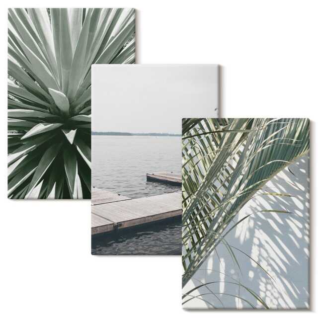 Canvas Wall Art Set Of 3 - Palm Leaves Plant & Wooden Bridge, Green Print, Landscapes Decor - image 1
