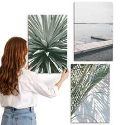 Canvas Wall Art Set Of 3 - Palm Leaves Plant & Wooden Bridge, Green Print, Landscapes Decor - thumbnail 2