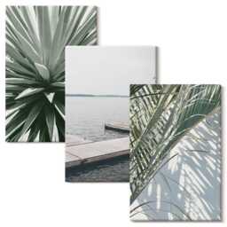 Canvas Wall Art Set Of 3 - Palm Leaves Plant & Wooden Bridge, Green Print, Landscapes Decor - thumbnail 1
