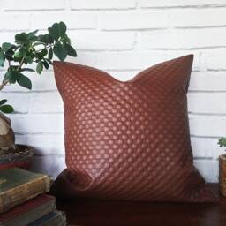 Embroidered Brown Faux Leather Pillow Cover Scandinavian Decor - 16x16 Inch - thumbnail 2