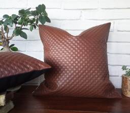 Embroidered Brown Faux Leather Pillow Cover Scandinavian Decor - 16x16 Inch - thumbnail 1