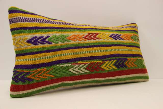 Throw Kilim Pillow, 12x24 Inch - 30x60 cm Rug Pillow Turkish Pillow Cushion, Art Deco Lumbar Cover, Yellow, Green, 4Oaf-339 - image 1