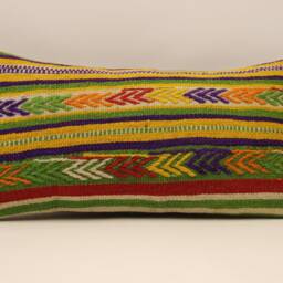 Throw Kilim Pillow, 12x24 Inch - 30x60 cm Rug Pillow Turkish Pillow Cushion, Art Deco Lumbar Cover, Yellow, Green, 4Oaf-339 - thumbnail 2