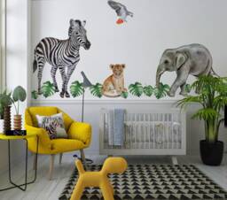 Safari Nursery Wall Art Watercolor Animal Decals - Elephant, Zebra, Birds - thumbnail 1