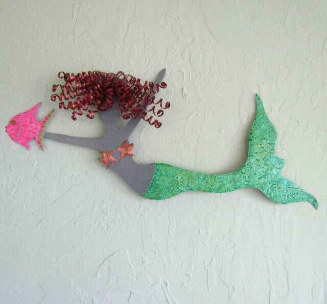 Redhead Mermaid Metal Wall Art Coastal Beach House Decor - 10x24 - image 1