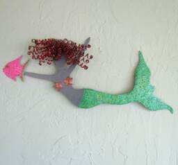 Redhead Mermaid Metal Wall Art Coastal Beach House Decor - 10x24 - thumbnail 1