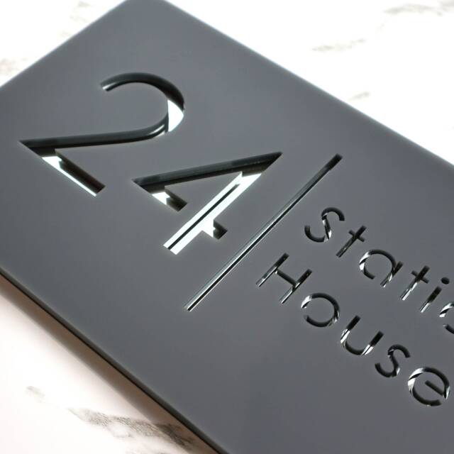 K Smart Sign - Bellissima H2 Laser Cut Matt Dark Gray Anthracite & Silver Mirror Floating House 300mm X 160mm - image 1