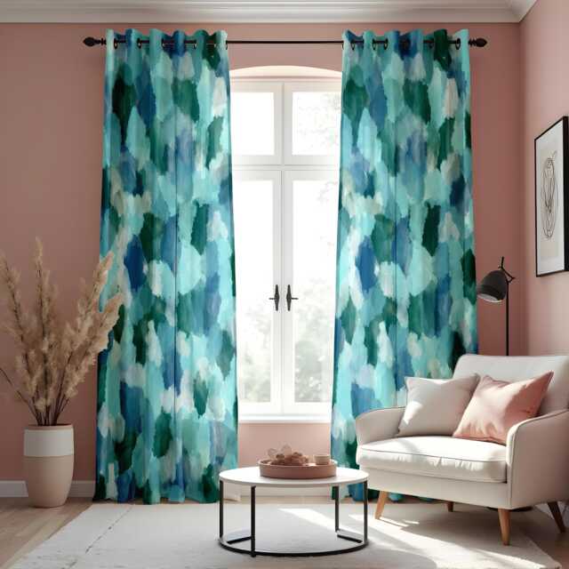 Watercolor Abstract Curtains, Blue & Green Pattern Drapes, Paint Effect Custom Size Curtain Panels, Modern Window Treatment - image 1