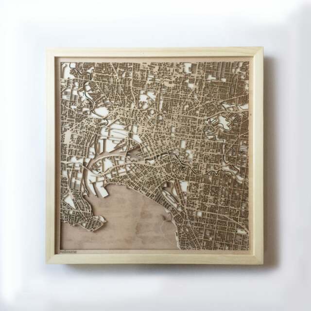 Melbourne Wooden Map - Laser Cut Pinewood City Streets, Framed Wall Art - image 1