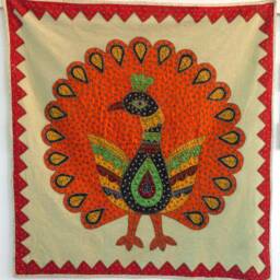 Wall Hanging, Door Curtain, in Cotton Canvas Saffron Stone Wash With Peacock Applique That Makes The Wheel - thumbnail 3