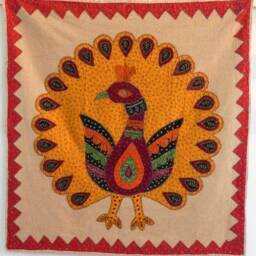 Wall Hanging, Door Curtain, in Cotton Canvas Saffron Stone Wash With Peacock Applique That Makes The Wheel - thumbnail 2