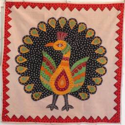 Wall Hanging, Door Curtain, in Cotton Canvas Saffron Stone Wash With Peacock Applique That Makes The Wheel - thumbnail 4
