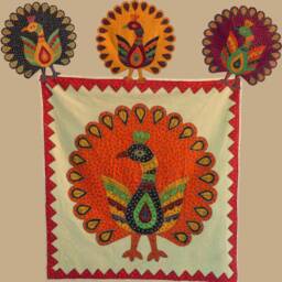 Wall Hanging, Door Curtain, in Cotton Canvas Saffron Stone Wash With Peacock Applique That Makes The Wheel