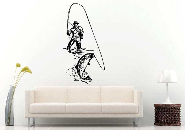 Fishing Fisherman Pike Catching A Fish With Poll Wall Decal Vinyl Sticker Mural Room Decor L845 - image 1