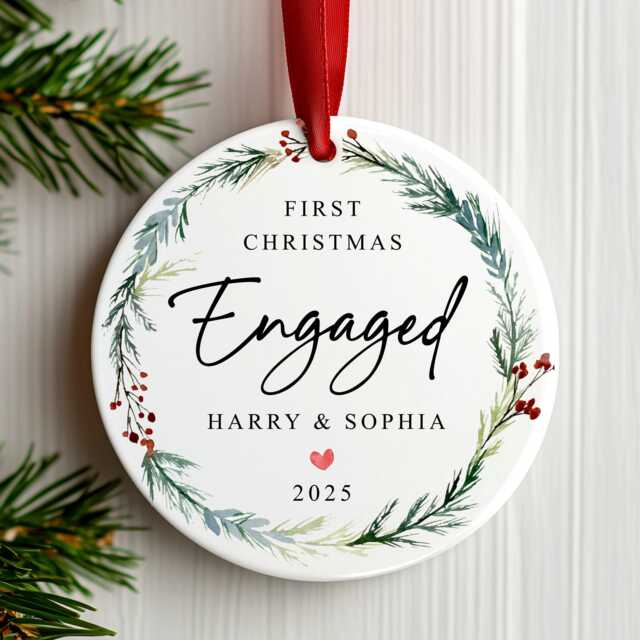 First Christmas Engaged Bauble - Ceramic Wreath Engagement Ornament Xmas Decoration Personalised Names Fiance Gift - image 1
