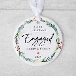 First Christmas Engaged Bauble - Ceramic Wreath Engagement Ornament Xmas Decoration Personalised Names Fiance Gift - thumbnail 2