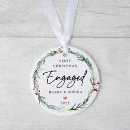 First Christmas Engaged Bauble - Ceramic Wreath Engagement Ornament Xmas Decoration Personalised Names Fiance Gift - thumbnail 3