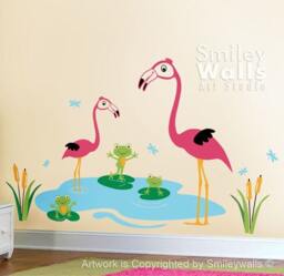 Nursery Vinyl Wall Decal Happy Flamingos & Froggies Dragonflies - Kids Children Art Decal Sticker Room Decor - thumbnail 1