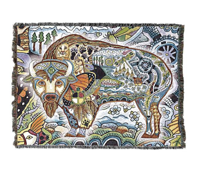 Bison Woven Tapestry Blanket, Native American Inspired, Pacific Northwest Totem Throw By Sue Coccia 100% Cotton Made in Usa 72x54 - image 1