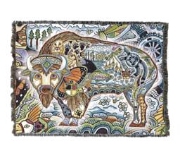 Bison Woven Tapestry Blanket, Native American Inspired, Pacific Northwest Totem Throw By Sue Coccia 100% Cotton Made in Usa 72x54 - thumbnail 1