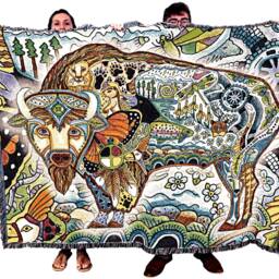 Bison Woven Tapestry Blanket, Native American Inspired, Pacific Northwest Totem Throw By Sue Coccia 100% Cotton Made in Usa 72x54 - thumbnail 2
