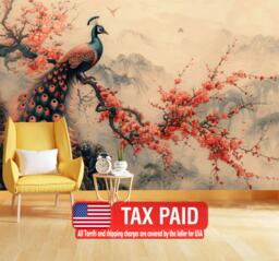 Vintage Chinoiserie Peacock Wall Mural, Peel & Stick Wallpaper - thumbnail 1
