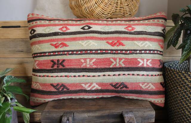 4060cm - 1624In Genuine Handwoven Vintage Kilim Pillow Cover - Hand Spun Wool Nomadic Stripes Cream Red Charcoal Sage - image 1