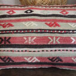 4060cm - 1624In Genuine Handwoven Vintage Kilim Pillow Cover - Hand Spun Wool Nomadic Stripes Cream Red Charcoal Sage - thumbnail 2