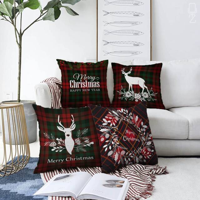 Christmas Cushion Covers With Black Plaid Pattern, Xmas Reindeer & Tree, Double Sided Printing On The Chenille Fabric Different Sizes - image 1