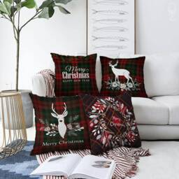 Christmas Cushion Covers With Black Plaid Pattern, Xmas Reindeer & Tree, Double Sided Printing On The Chenille Fabric Different Sizes - thumbnail 1