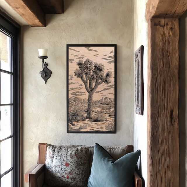 Joshua Tree Engraved Birch Wood Panel - Block Print Inspired California Wall Art, Nature Lover Illustration Print, Desert Home Decor Gift - image 1