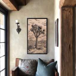Joshua Tree Engraved Birch Wood Panel - Block Print Inspired California Wall Art, Nature Lover Illustration Print, Desert Home Decor Gift - thumbnail 1