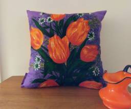 Vintage Linen Cushion Cover Orange Tulips, Upcycled - thumbnail 1