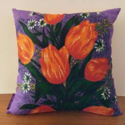 Vintage Linen Cushion Cover Orange Tulips, Upcycled - thumbnail 2